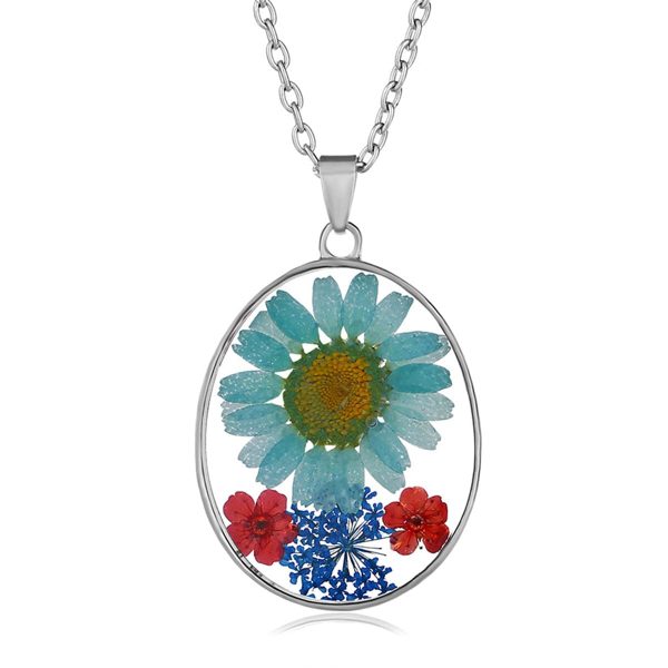 Blue & Red Pressed Flower Oval Pendant Necklace Sale