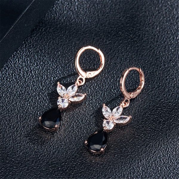 Black Crystal & 18K Rose Gold-Plated Flower Teardrop Earrings Supply