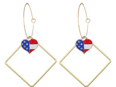 18K Gold-Plated American Flag Heart Hollow Drop Earrings For Sale