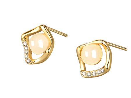 18K Gold-Plated Cats Eye & Cubic Zirconia Rhombus Stud Earrings For Sale