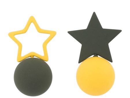 Black & Yellow Enamel Star & Round Asymmetrical Dangle Earrings Hot on Sale