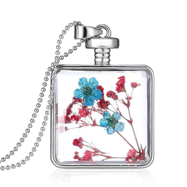 Blue & Red Pressed Flower Square Pendant Necklace Discount