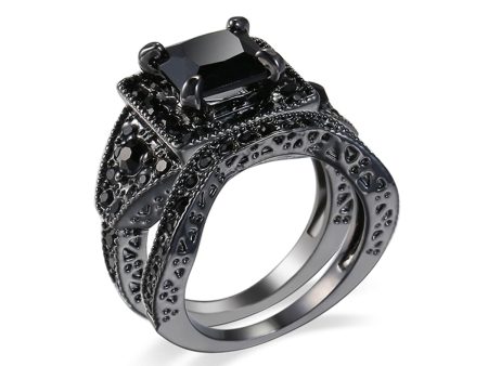 Black Crystal & Cubic Zirconia Ring Set Fashion