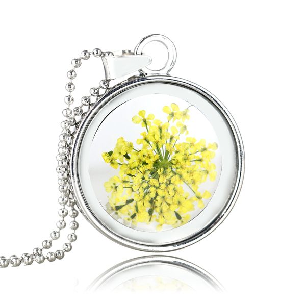 Yellow Gypsophila & Silver-Plated Resin Round Pendant Necklace Online Sale