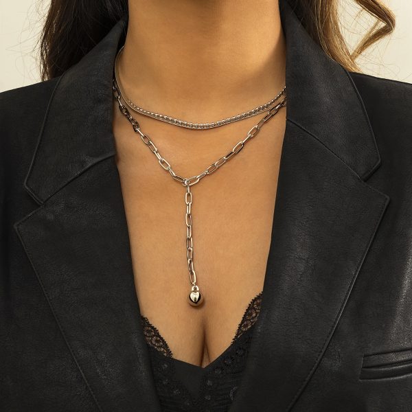 Silver-Plated Snake Chain Bead Drop Layered Necklace Cheap