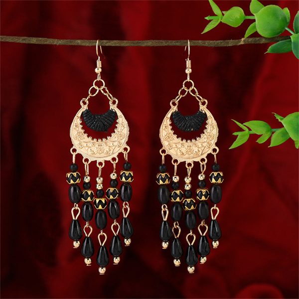 Black Resin & Polyster 18K Gold-Plated Tassel Drop Earrings Fashion