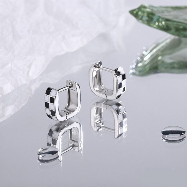 Black & White Checkerboard Square Huggie Earrings on Sale