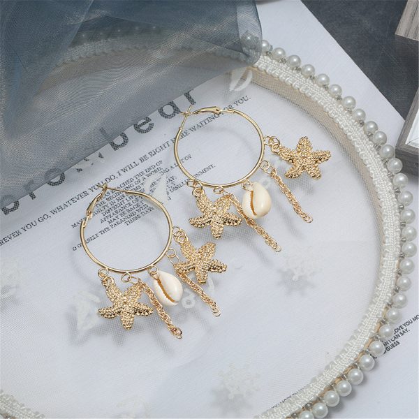 18K Gold-Plated Star & Shell Charm Hoop Earrings For Cheap