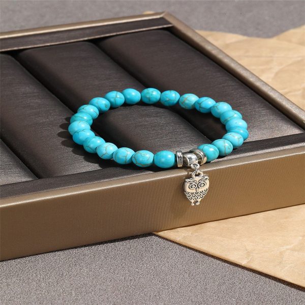 Turquoise & Silver-Plated Owl Charm Stretch Bracelet Discount