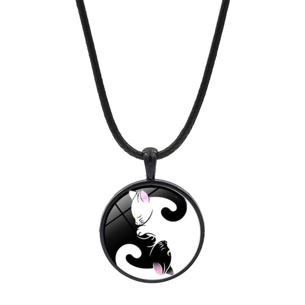 White & Black Yin & Yang Cat Pendant Necklace Discount