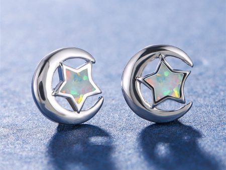 White Opal & Silver-Plated Star Moon Stud Earrings Fashion