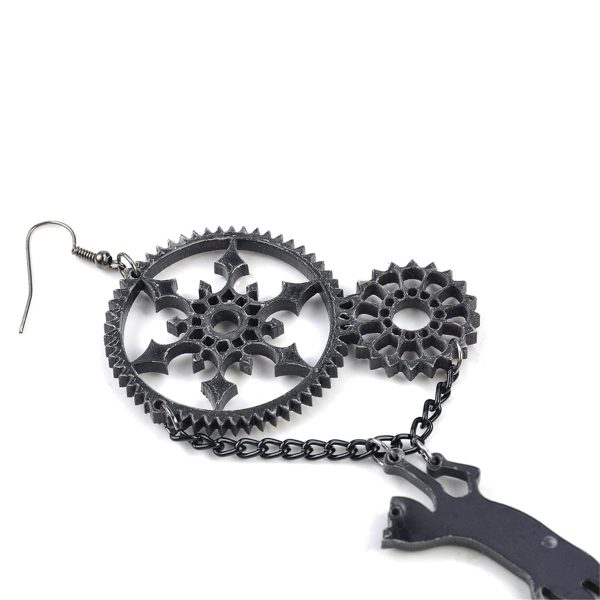 Black Cat & Gear Drop Earrings on Sale