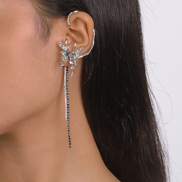 Black Crystal & Cubic Zirconia Butterfly Tassel Ear Cuff Online now