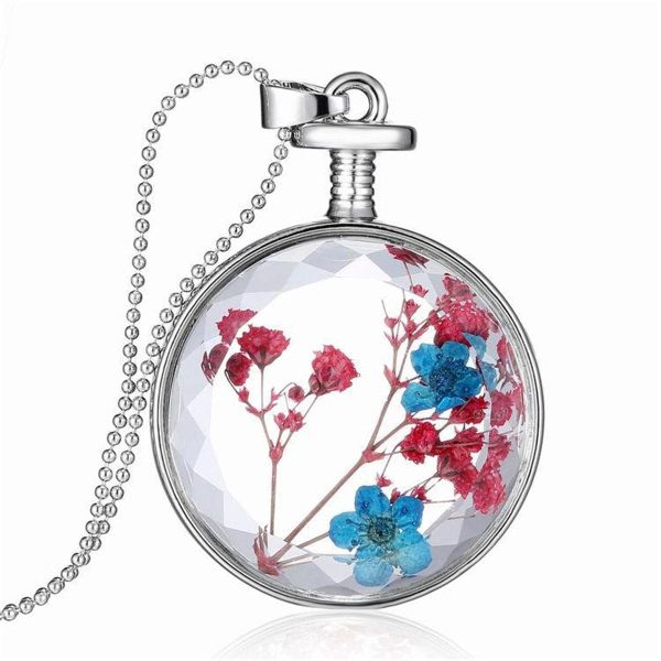 Blue & Pink Peach Blossom & Resin Round Pendant Necklace on Sale