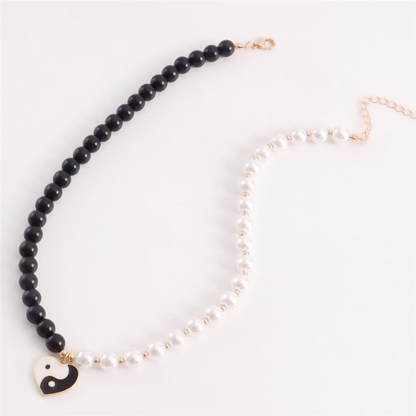 Black & White Pearl Yin Yang Heart Pendant Necklace Online now