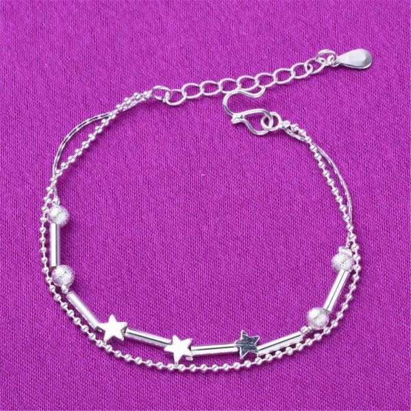 Silver-Plated Star & Bead Double-Strand Anklet Hot on Sale