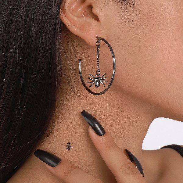 Black Cobweb & Spider Asymmetrical Huggie Earring Discount