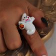 White & Silver-Plated Pumpkin Ghost Adjustable Ring Discount