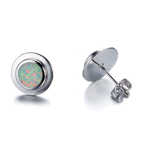 White Opal Round Bezel Stud Earrings Online Hot Sale