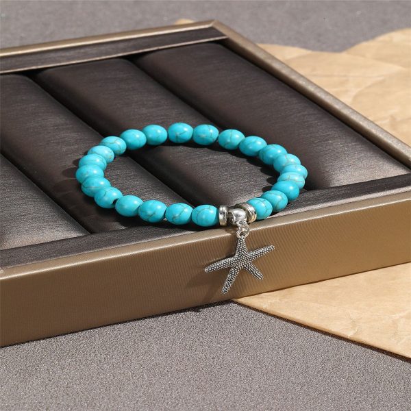 Turquoise & Silver-Plated Starfish Beaded Stretch Bracelet For Discount