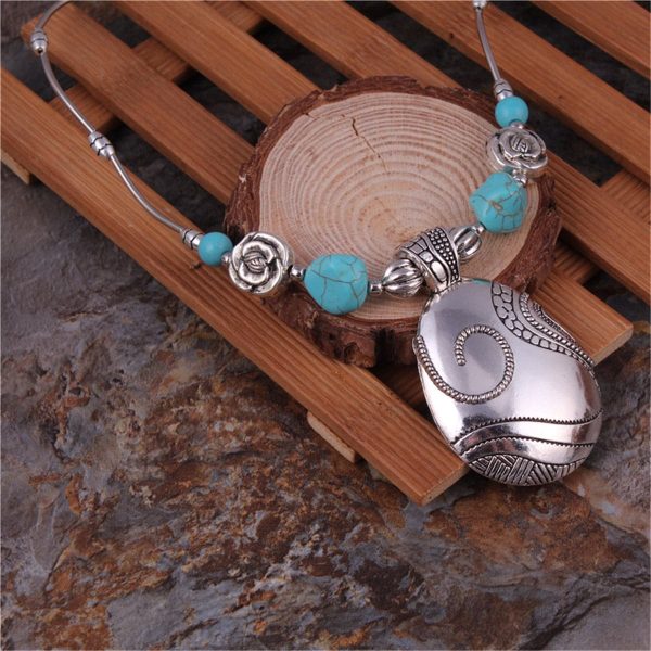 Turquoise & Silver-Plated Floral Teardrop Necklace For Discount