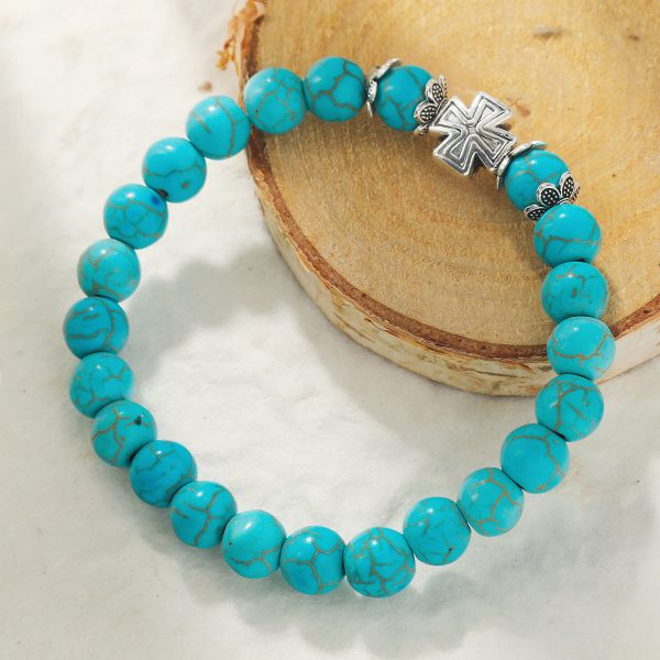 Turquoise & Silver-Plated Cross Charm Beaded Stretch Bracelet Discount