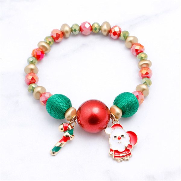 18K Gold-Plated Candy Cane Charm Beaded Stretch Bracelet For Sale