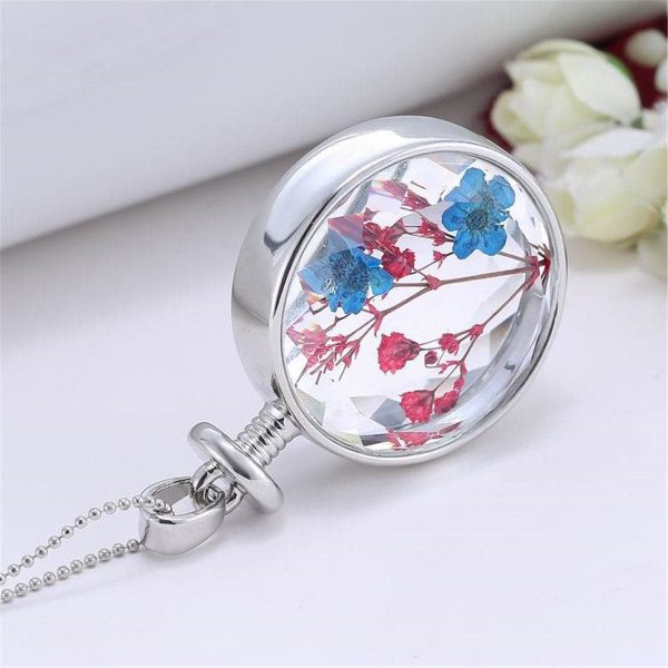 Blue & Pink Peach Blossom & Resin Round Pendant Necklace on Sale