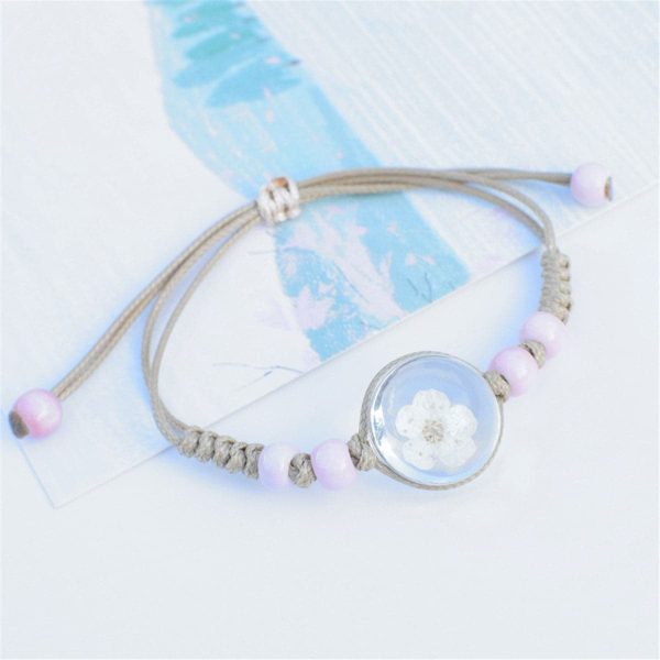 White Peach Blossom & Light Pink Ceramic Bead Adjustable Bracelet For Sale