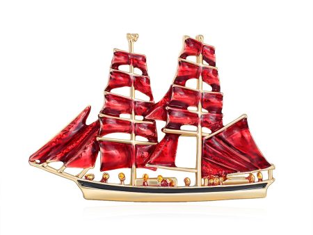 Gold-Plated & Red Oil-Drop Sailboat Brooch For Cheap