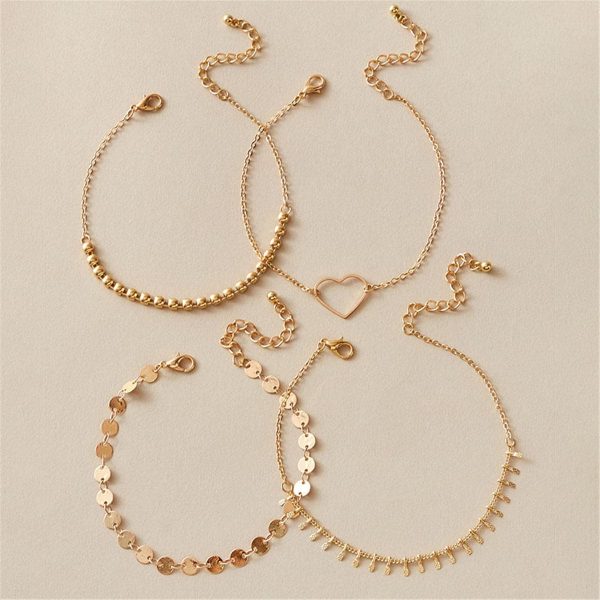 18K Gold-Plated Open Heart & Beaded Anklet Set Online Sale