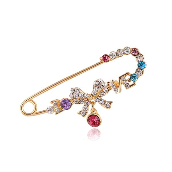 18K Gold-Plated & Cubic Zirconia Bow-Accent Safety Pin Brooch Fashion