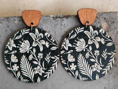 Black & White Wood Floral Painted Round Drop Earrings For Sale