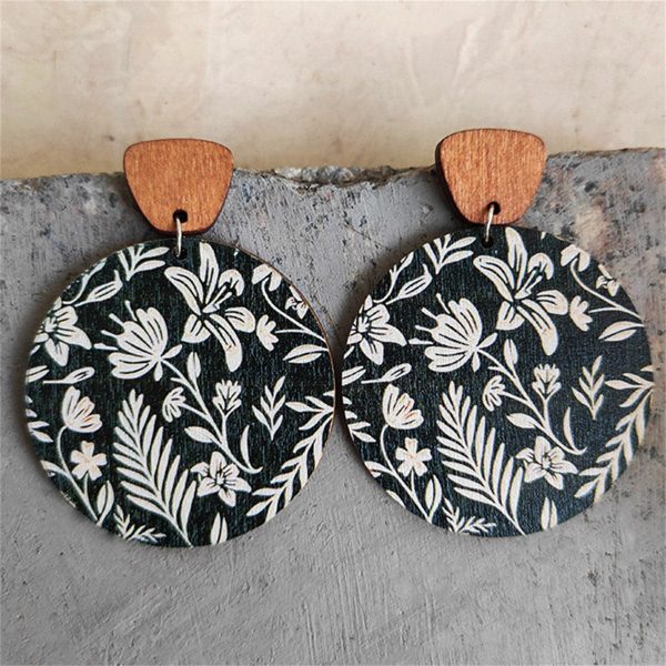 Black & White Wood Floral Painted Round Drop Earrings For Sale