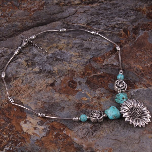 Turquoise & Silver-Plated Sunflower Pendant Necklace For Discount