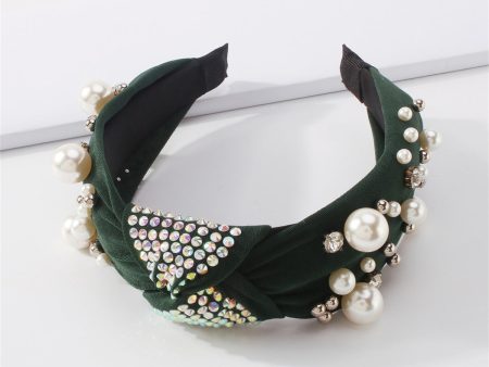 Dark Green Polyster & Pearl Knot-Accent Headband Online Sale