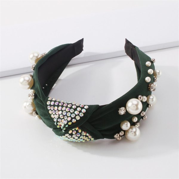 Dark Green Polyster & Pearl Knot-Accent Headband Online Sale