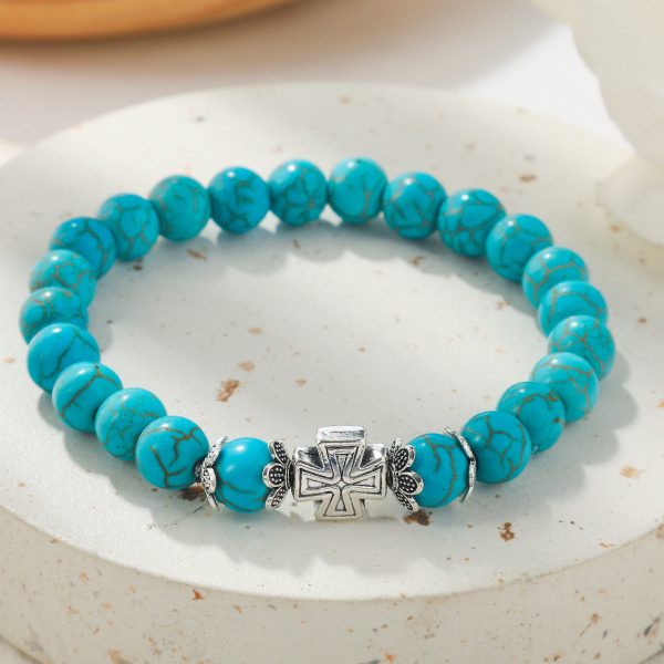 Turquoise & Silver-Plated Cross Charm Beaded Stretch Bracelet Discount