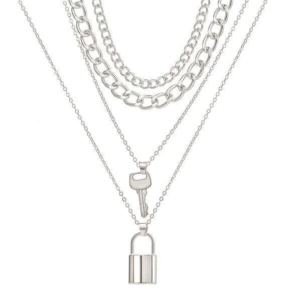 Silver-Plated Key Lock Layered Chain Pendant Necklace For Sale