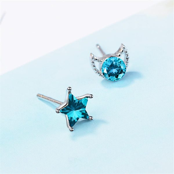 Teal Crystal & Silver-Plated Blue Moon & Star Stud Earrings For Sale