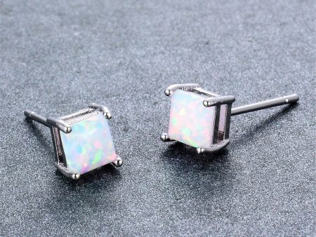 White Opal & Silver-Plated Princess Cut Stud Earrings Online Hot Sale