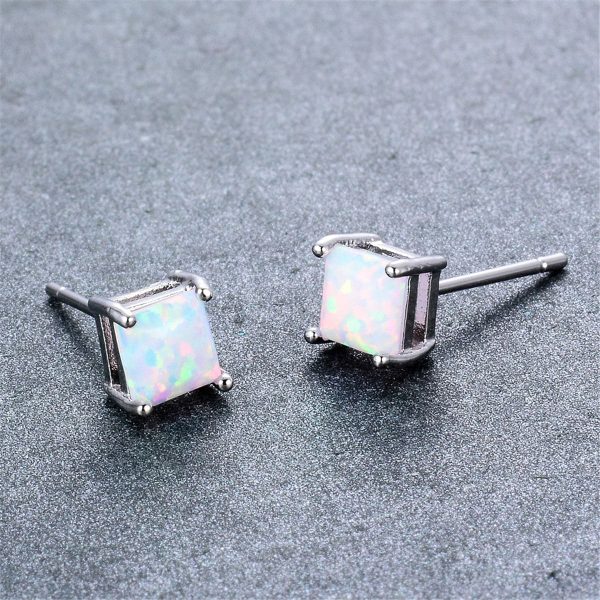 White Opal & Silver-Plated Princess Cut Stud Earrings Online Hot Sale