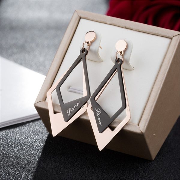 Black Acrylic & 18K Rose Gold-Plated  Love  Stacked Rhombus Drop Earrings Supply