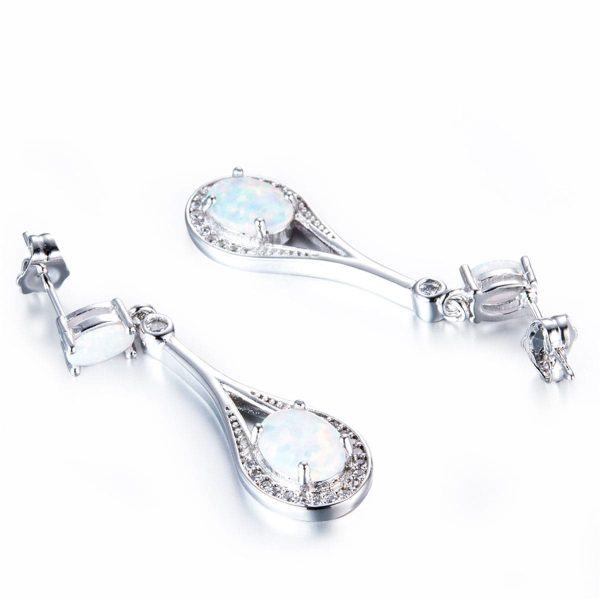 White Opal & Silver-Plated Oval Drop Earrings Cheap