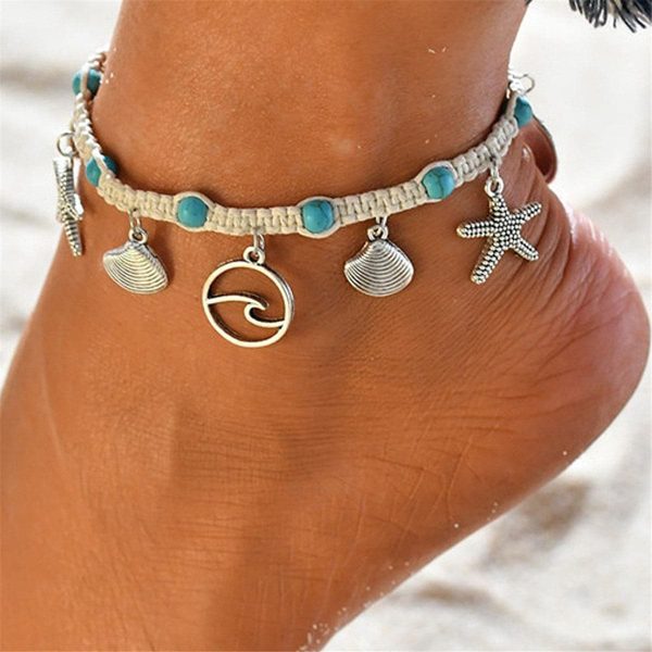 Turquoise & Silver-Plated Starfish Charm Anklet on Sale