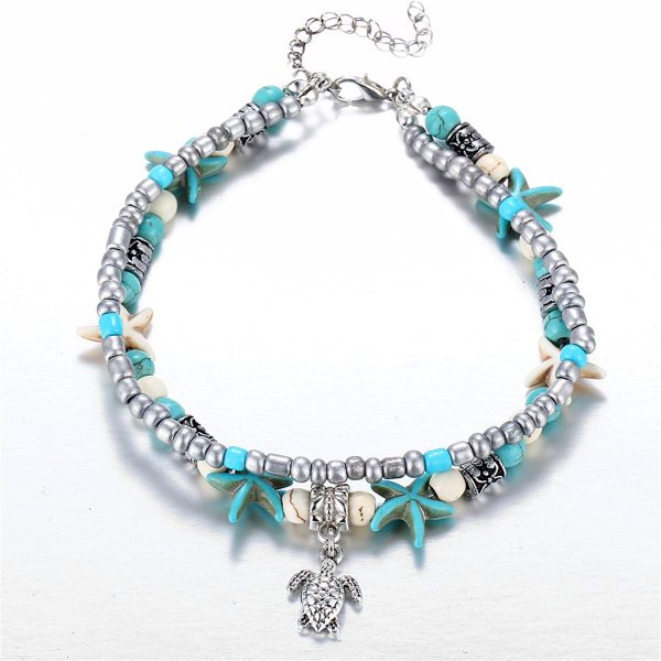 Turquoise & Silver-Plated Sea Turtle Layered Anklet Fashion