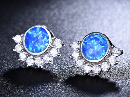 Blue Opal & Cubic Zirconia Round Trim Stud Earrings Cheap