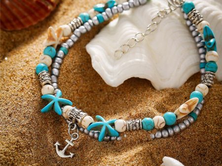 Turquoise & Silver-Plated Beaded Anchor Layered Anklet Online Sale