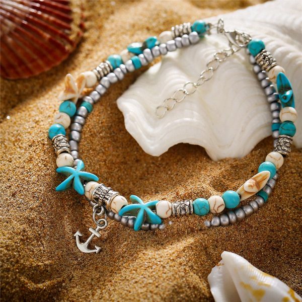 Turquoise & Silver-Plated Beaded Anchor Layered Anklet Online Sale