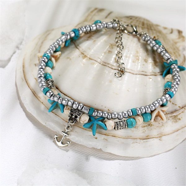 Turquoise & Silver-Plated Beaded Anchor Layered Anklet Online Sale